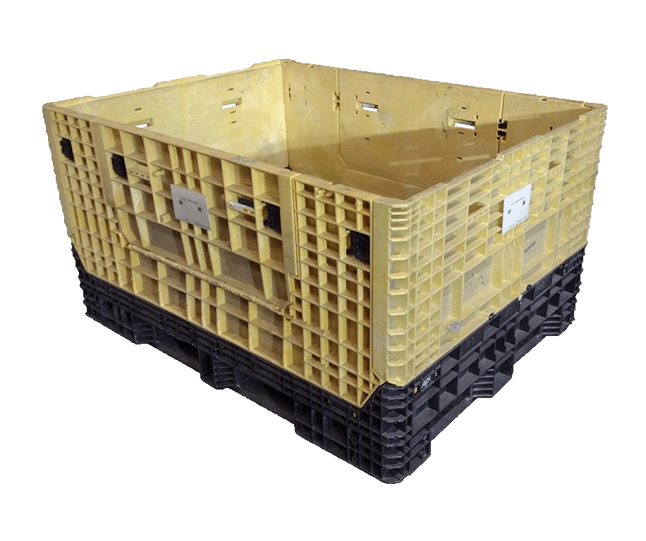 Reconditioned HPJ Industries 62" x 48" x 34" Black Base Yellow Wall All Good Runner 62" Side Bulk Container - 2 Drop Doors